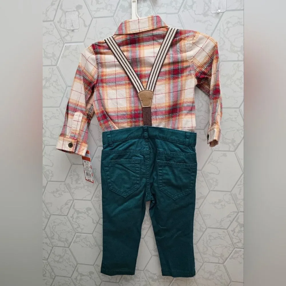 Cat & Jack Toddler Boys' Plaid Button-Down Shirt and Suspender Pants 3pc set
